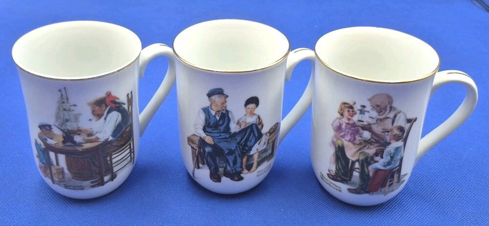 Three Vintage Norman Rockwell Museum Mugs Gold Trim 9oz Made in Japan